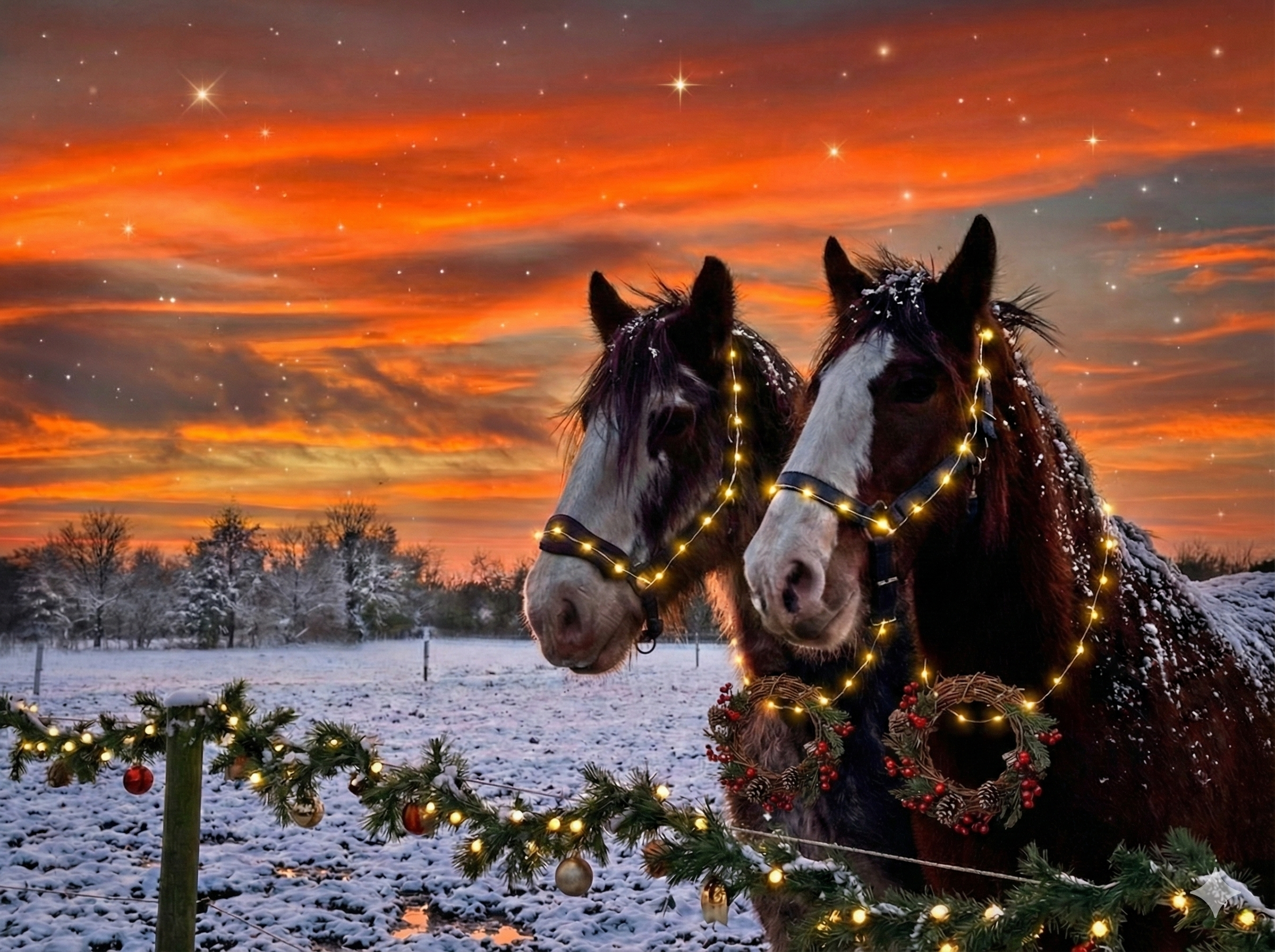 Two horses decorated with Christmas wreaths and fairy lights stand in a snowy field at sunset. The sky glows orange with stars, and a festive garland with baubles hangs on a fence, sharing a message of hope in the peaceful winter scene.