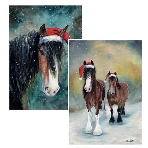 Decorate your Stall Booking with two horse-in-snow paintings—one shows a close-up horse in a Santa hat, the other displays two horses, one wearing a Santa hat, walking through a snowy winter landscape under a colourful sky.