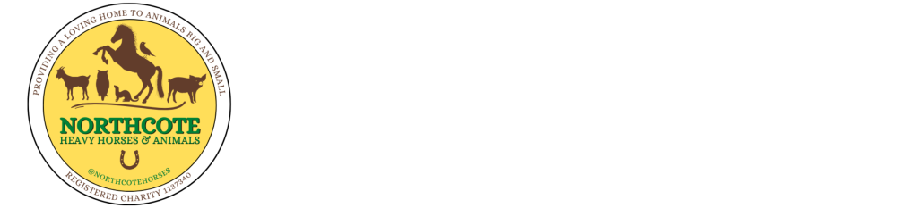 Circular logo for Northcote Heavy Horses & Animals with silhouettes of a horse, dog, cat, pig, and sheep. The text encircles the images and a horseshoe appears at the bottom.